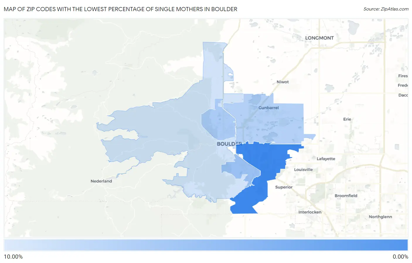 Zip Codes with the Lowest Percentage of Single Mothers in Boulder Map
