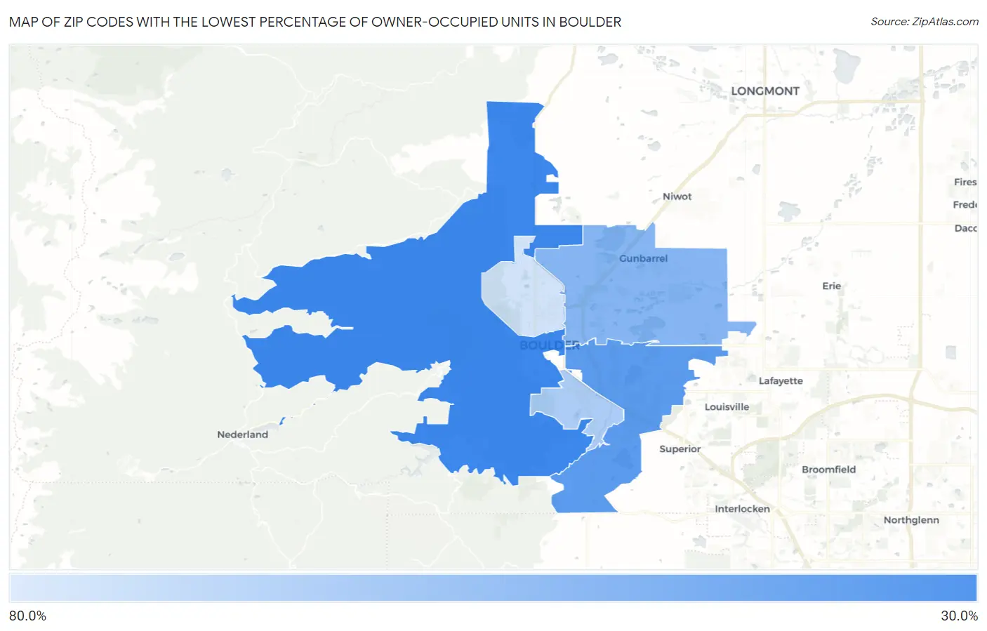 Zip Codes with the Lowest Percentage of Owner-Occupied Units in Boulder Map