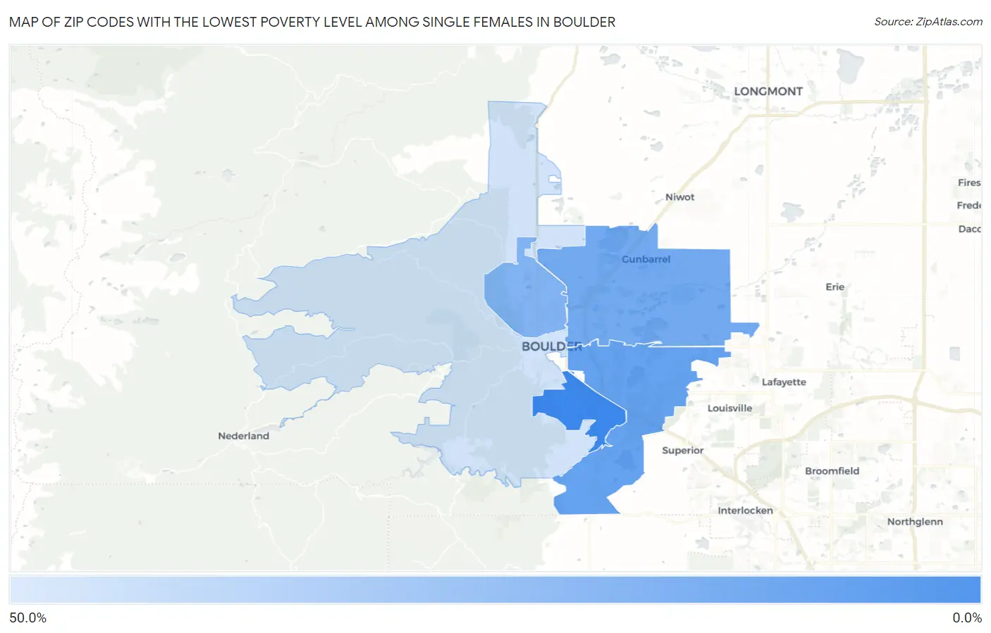 Zip Codes with the Lowest Poverty Level Among Single Females in Boulder Map