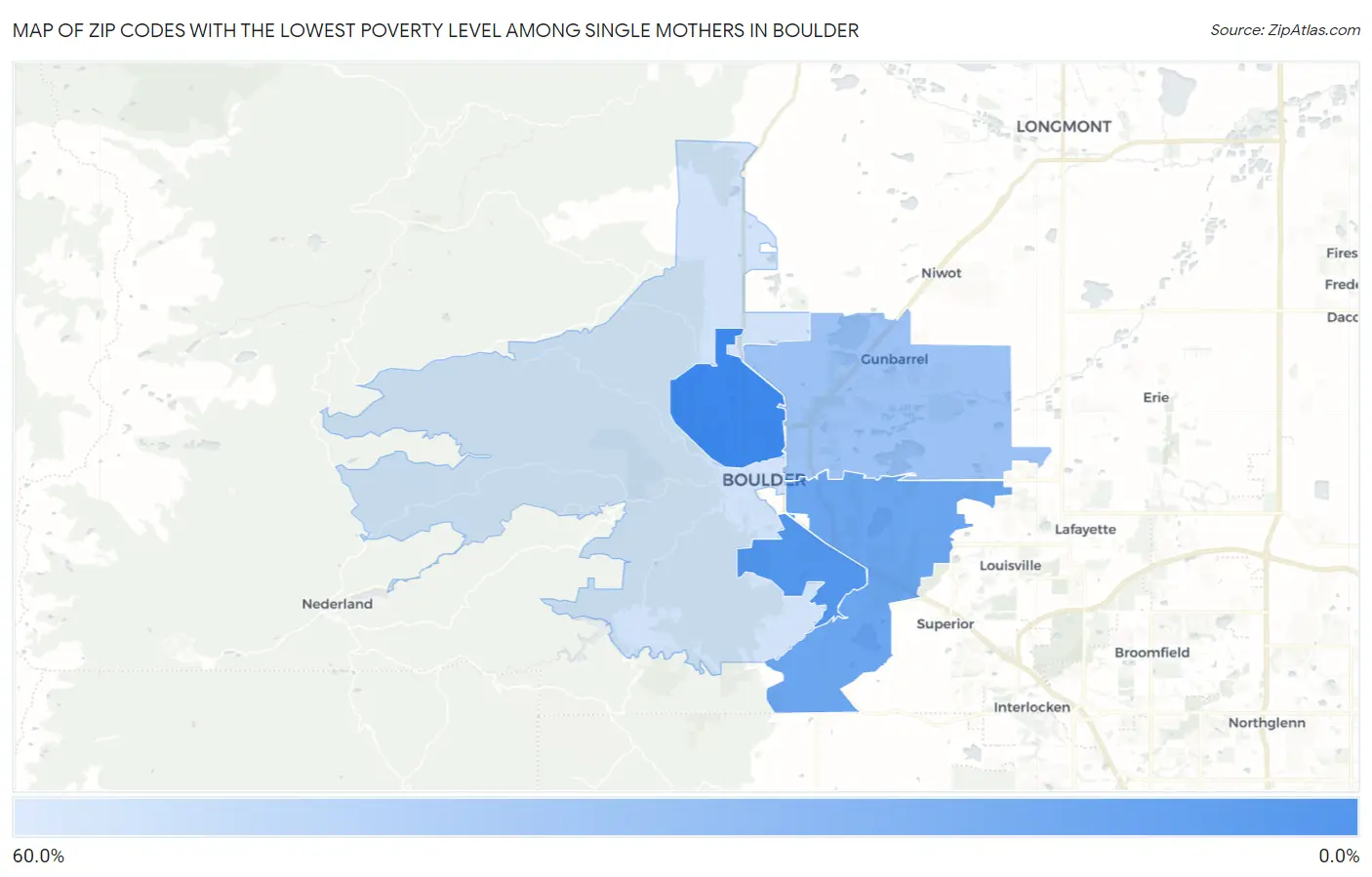 Zip Codes with the Lowest Poverty Level Among Single Mothers in Boulder Map