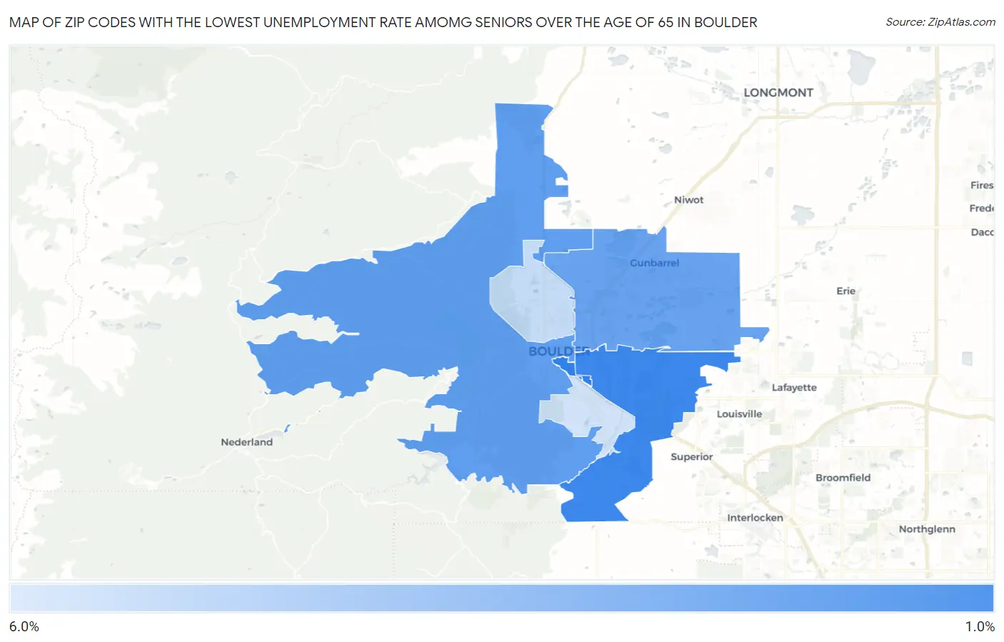 Zip Codes with the Lowest Unemployment Rate Amomg Seniors Over the Age of 65 in Boulder Map