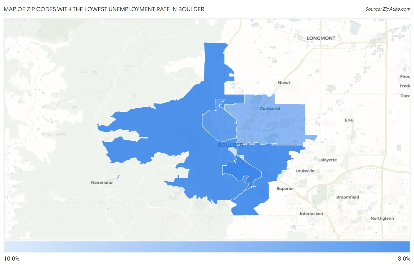 Zip Codes with the Lowest Unemployment Rate in Boulder Map