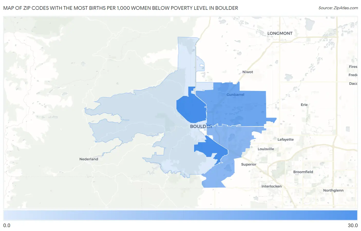 Zip Codes with the Most Births per 1,000 Women Below Poverty Level in Boulder Map