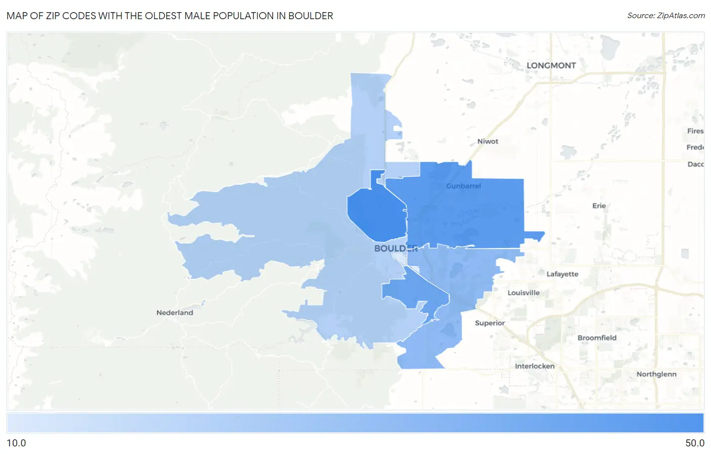 Zip Codes with the Oldest Male Population in Boulder Map