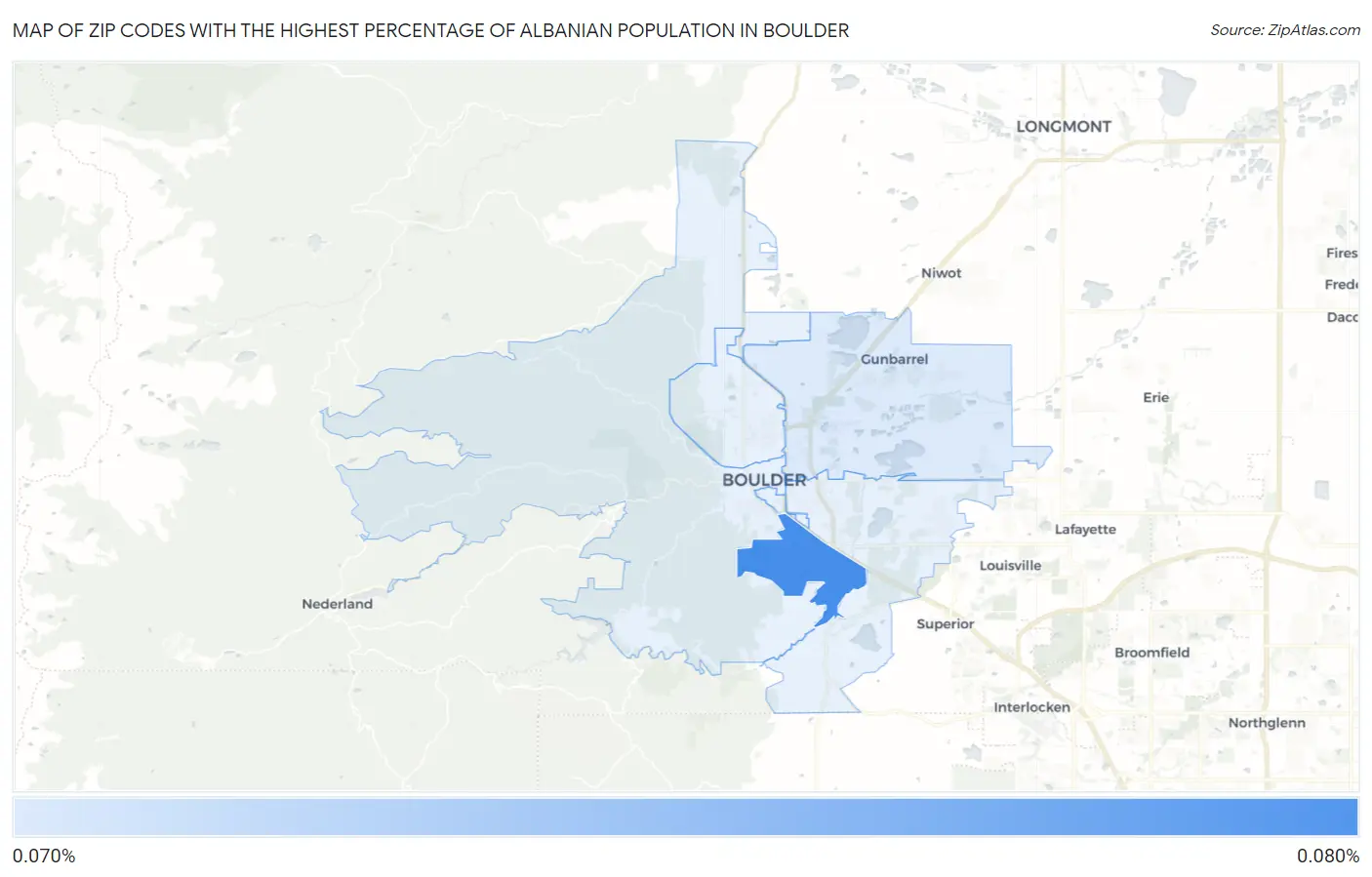 Zip Codes with the Highest Percentage of Albanian Population in Boulder Map