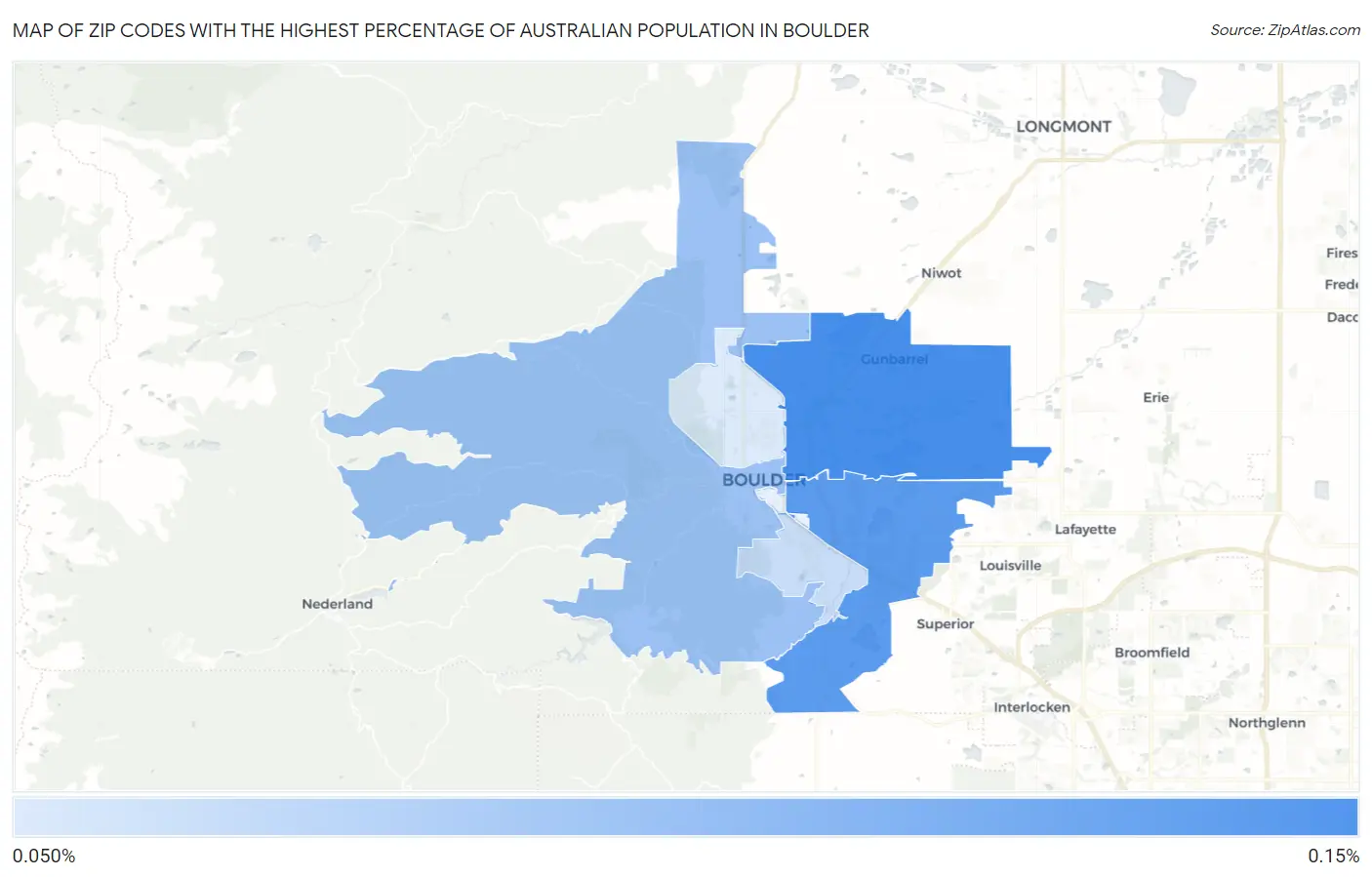 Zip Codes with the Highest Percentage of Australian Population in Boulder Map