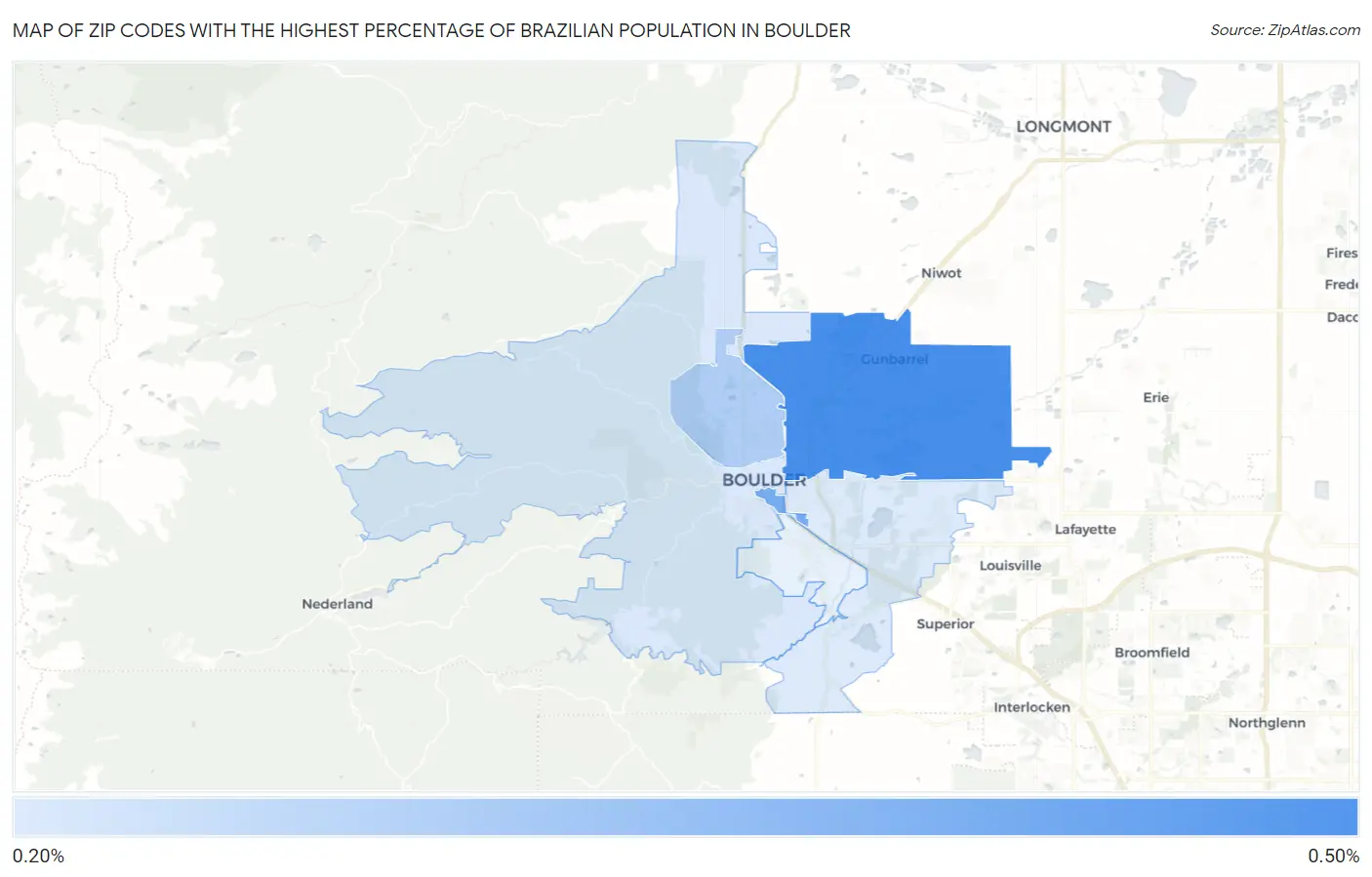 Zip Codes with the Highest Percentage of Brazilian Population in Boulder Map