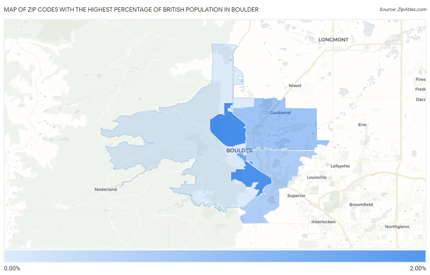 Zip Codes with the Highest Percentage of British Population in Boulder Map