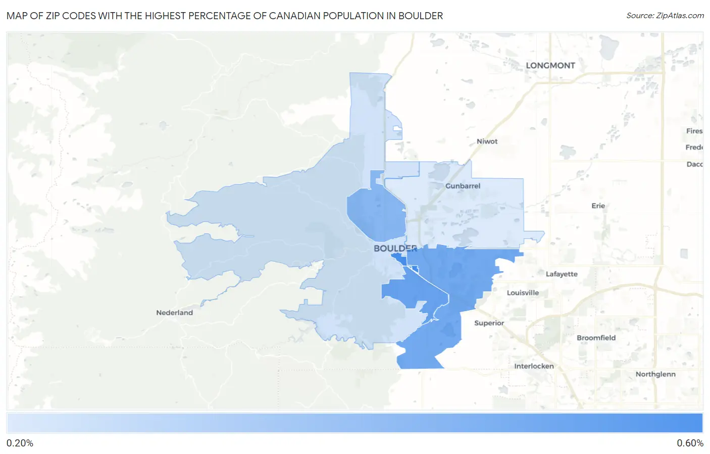 Zip Codes with the Highest Percentage of Canadian Population in Boulder Map