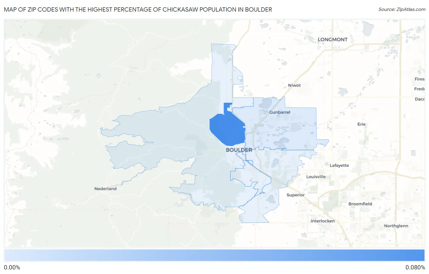 Zip Codes with the Highest Percentage of Chickasaw Population in Boulder Map