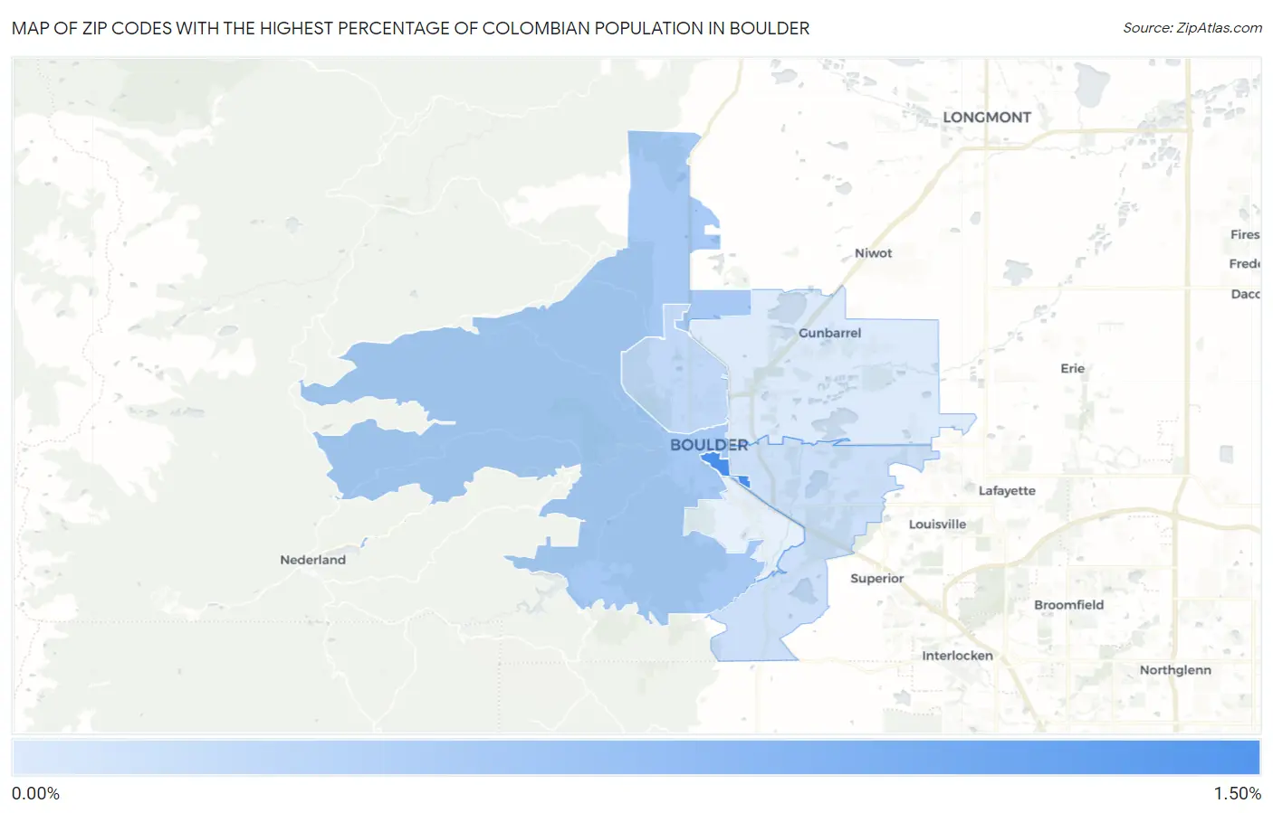 Zip Codes with the Highest Percentage of Colombian Population in Boulder Map