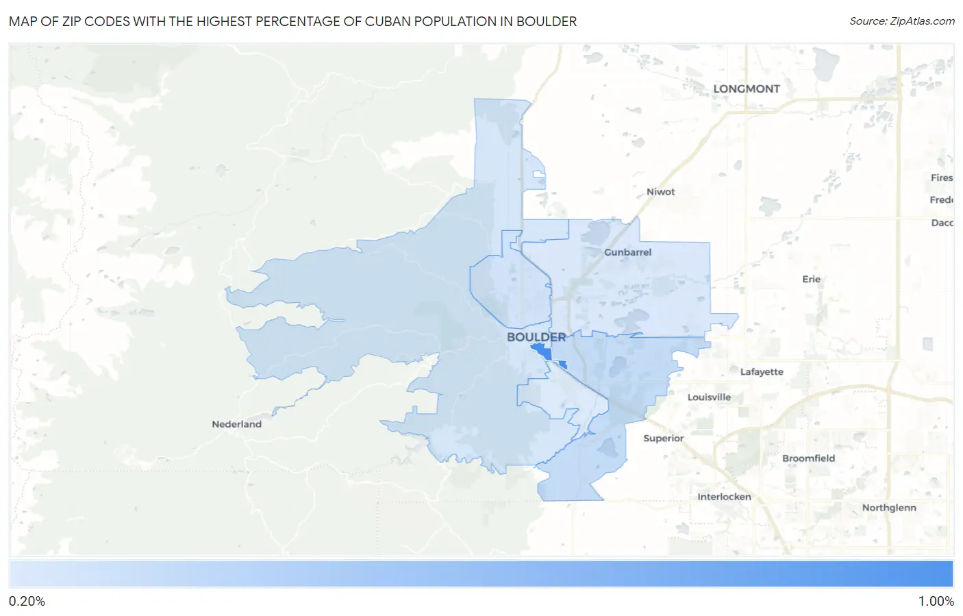 Zip Codes with the Highest Percentage of Cuban Population in Boulder Map