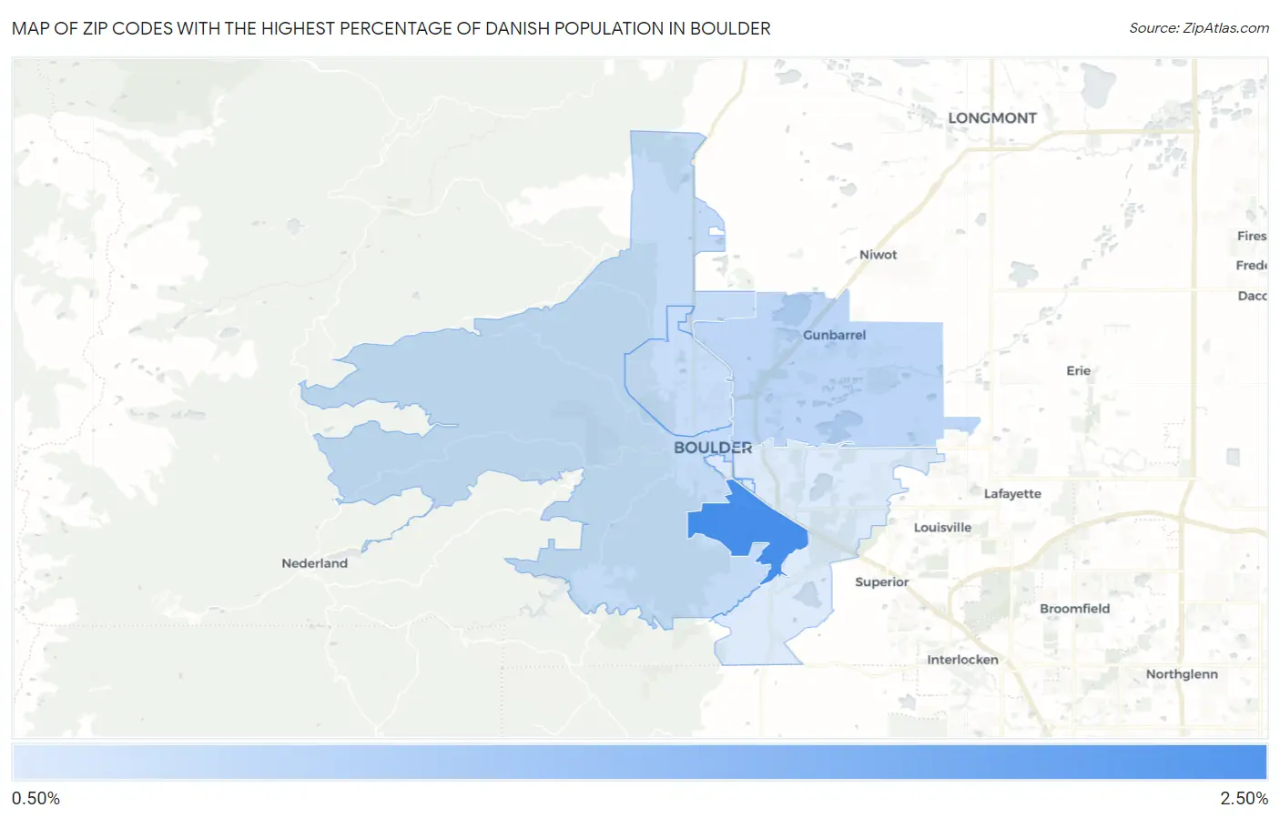 Zip Codes with the Highest Percentage of Danish Population in Boulder Map