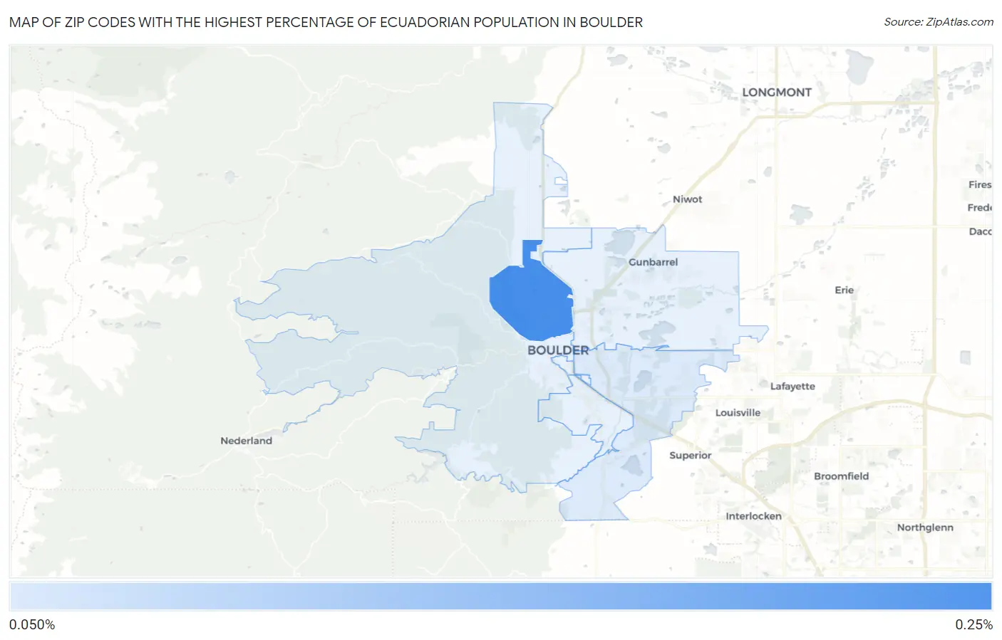 Zip Codes with the Highest Percentage of Ecuadorian Population in Boulder Map