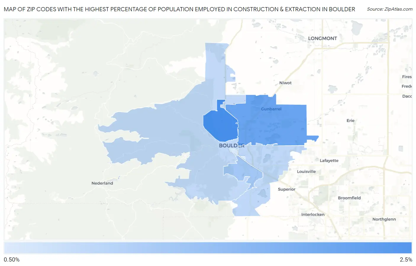 Zip Codes with the Highest Percentage of Population Employed in Construction & Extraction in Boulder Map