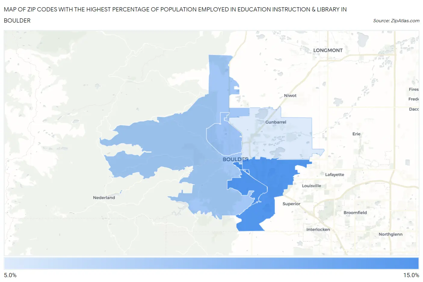 Zip Codes with the Highest Percentage of Population Employed in Education Instruction & Library in Boulder Map