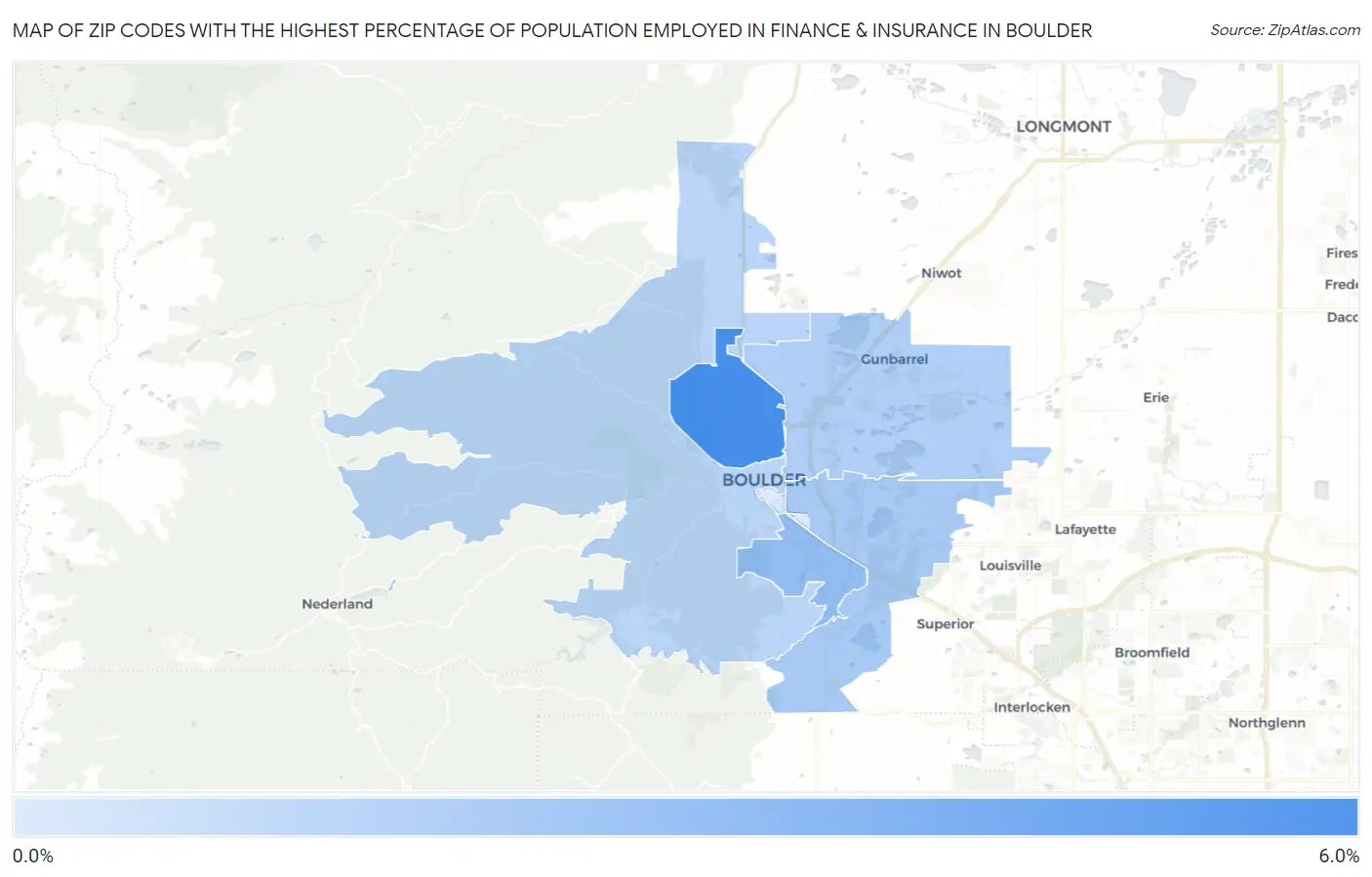 Zip Codes with the Highest Percentage of Population Employed in Finance & Insurance in Boulder Map