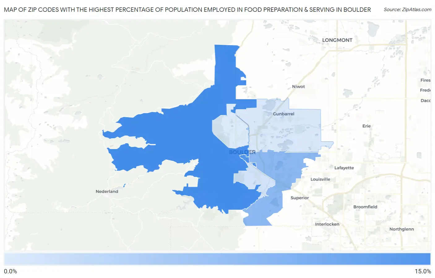 Zip Codes with the Highest Percentage of Population Employed in Food Preparation & Serving in Boulder Map