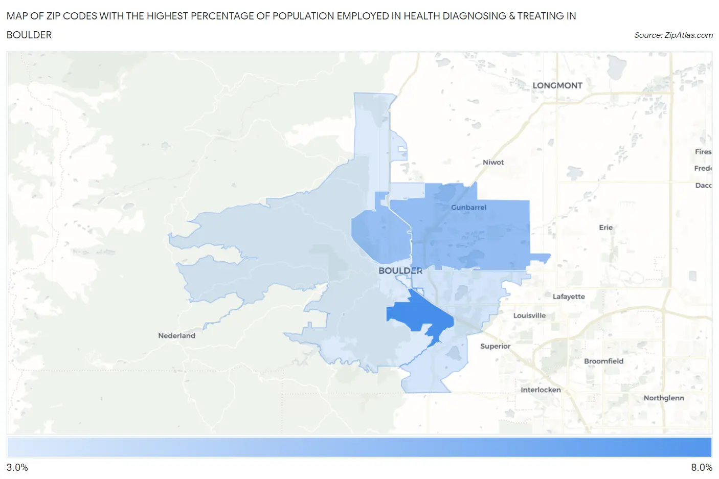 Zip Codes with the Highest Percentage of Population Employed in Health Diagnosing & Treating in Boulder Map