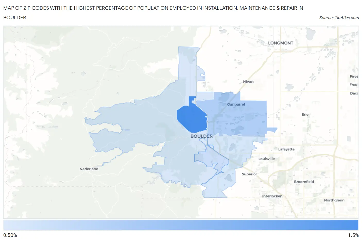 Zip Codes with the Highest Percentage of Population Employed in Installation, Maintenance & Repair in Boulder Map