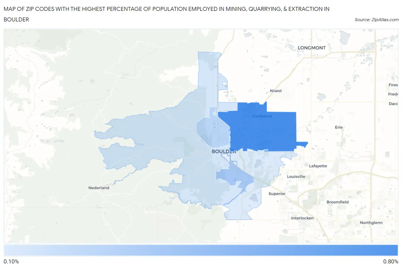 Zip Codes with the Highest Percentage of Population Employed in Mining, Quarrying, & Extraction in Boulder Map