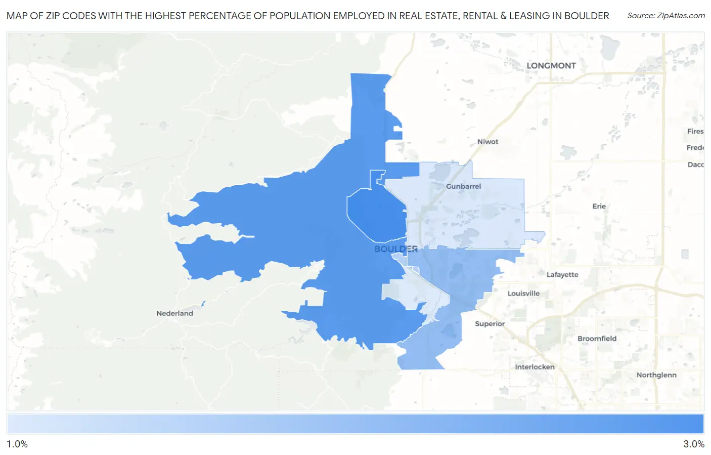 Zip Codes with the Highest Percentage of Population Employed in Real Estate, Rental & Leasing in Boulder Map