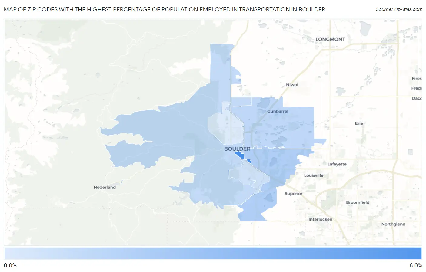 Zip Codes with the Highest Percentage of Population Employed in Transportation in Boulder Map