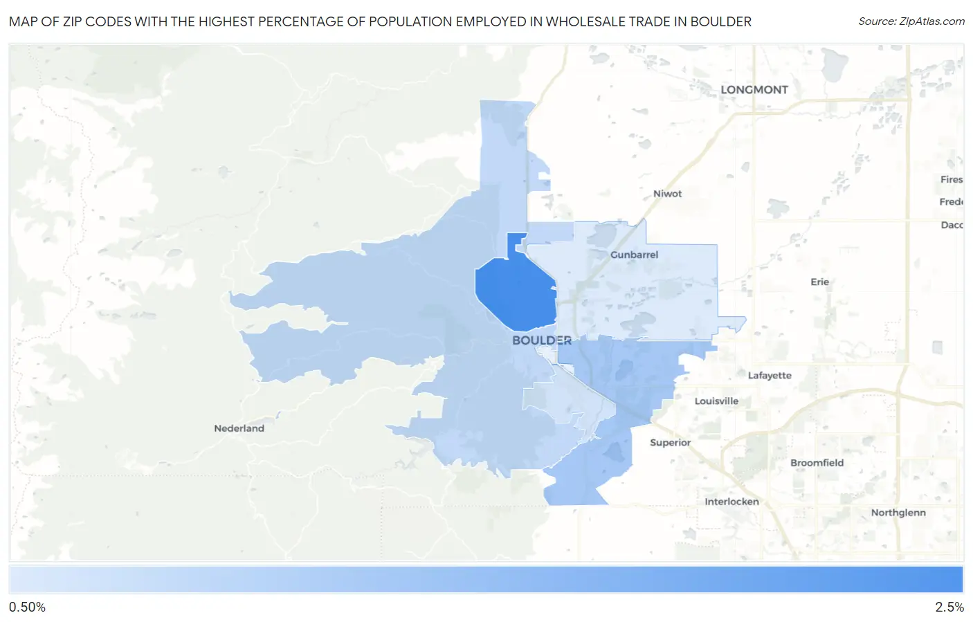 Zip Codes with the Highest Percentage of Population Employed in Wholesale Trade in Boulder Map