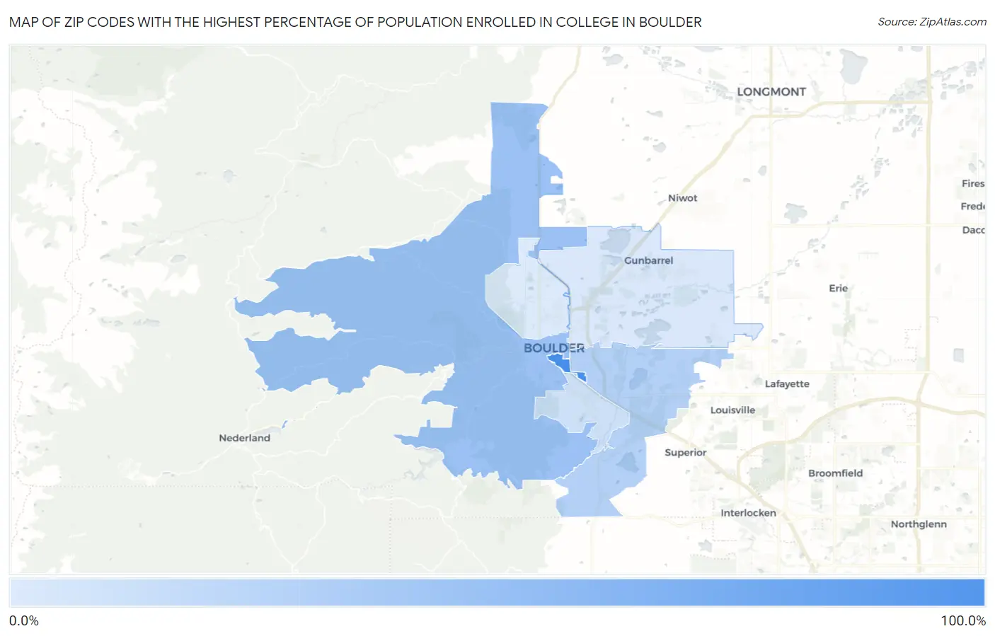 Zip Codes with the Highest Percentage of Population Enrolled in College in Boulder Map