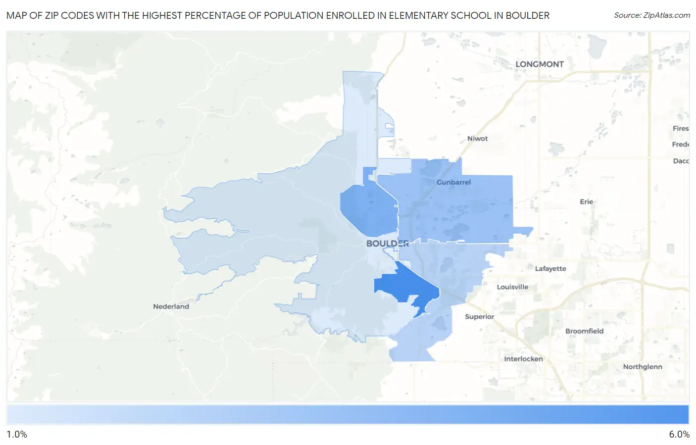 Zip Codes with the Highest Percentage of Population Enrolled in Elementary School in Boulder Map