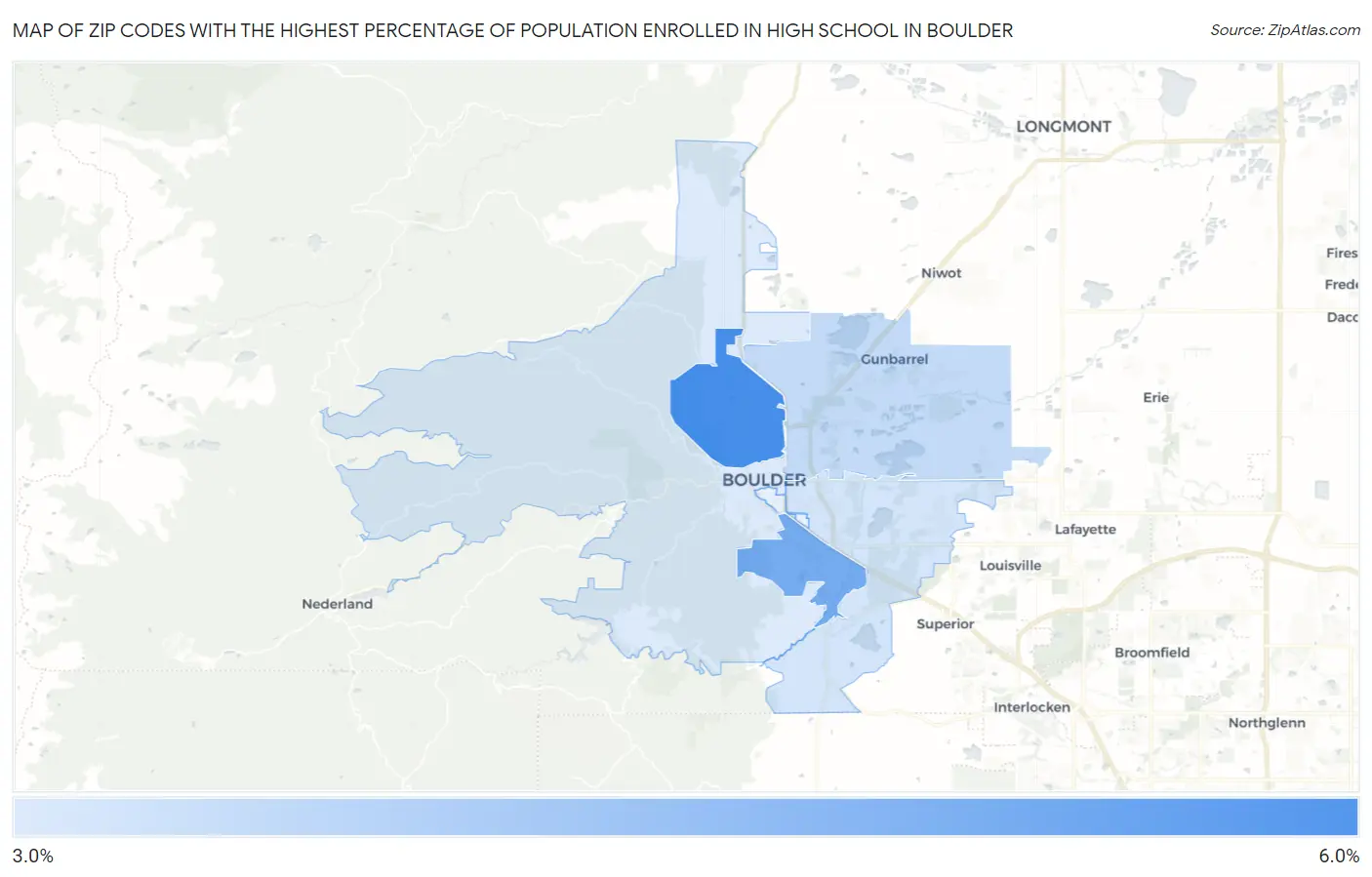 Zip Codes with the Highest Percentage of Population Enrolled in High School in Boulder Map