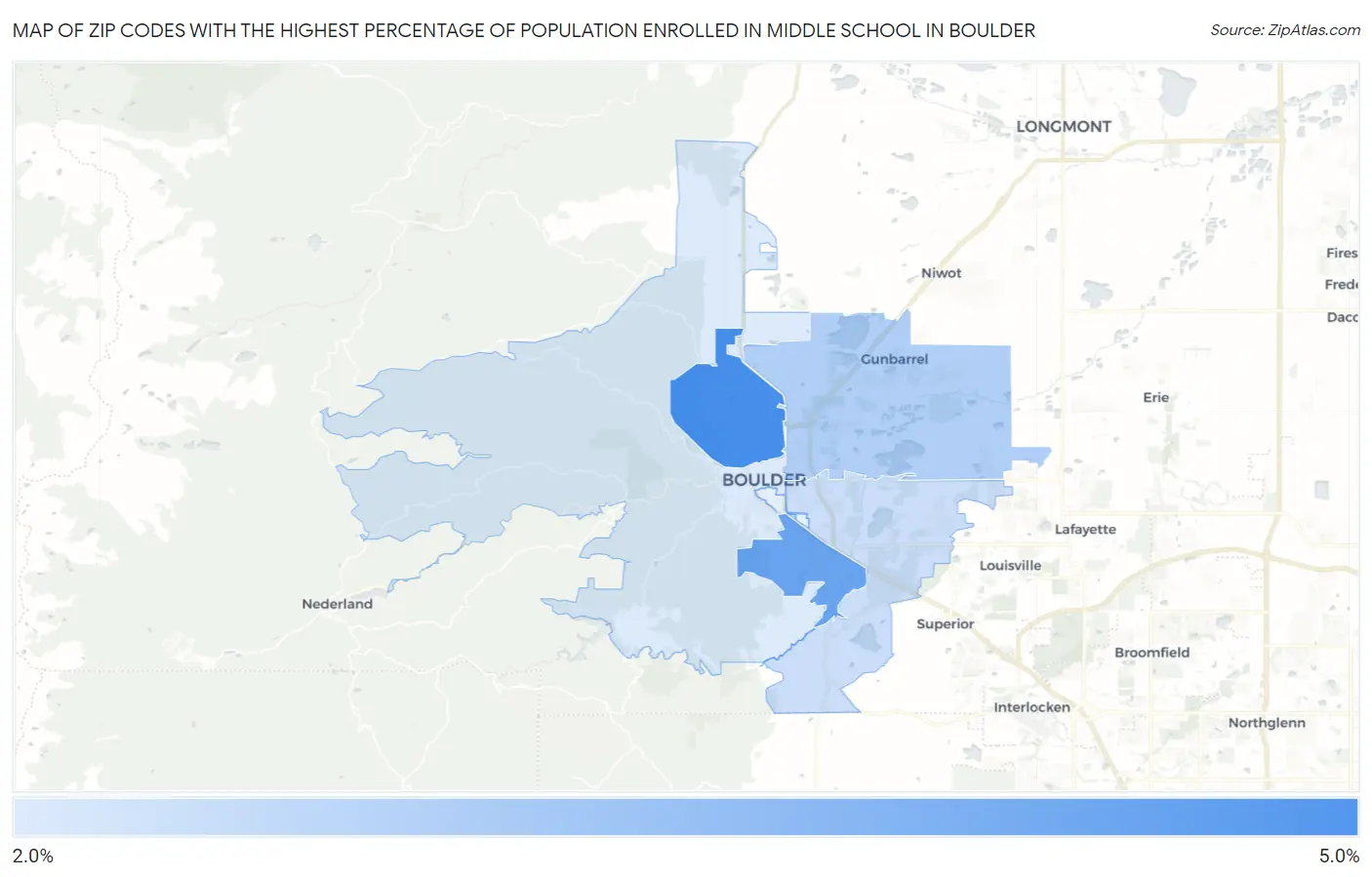 Zip Codes with the Highest Percentage of Population Enrolled in Middle School in Boulder Map