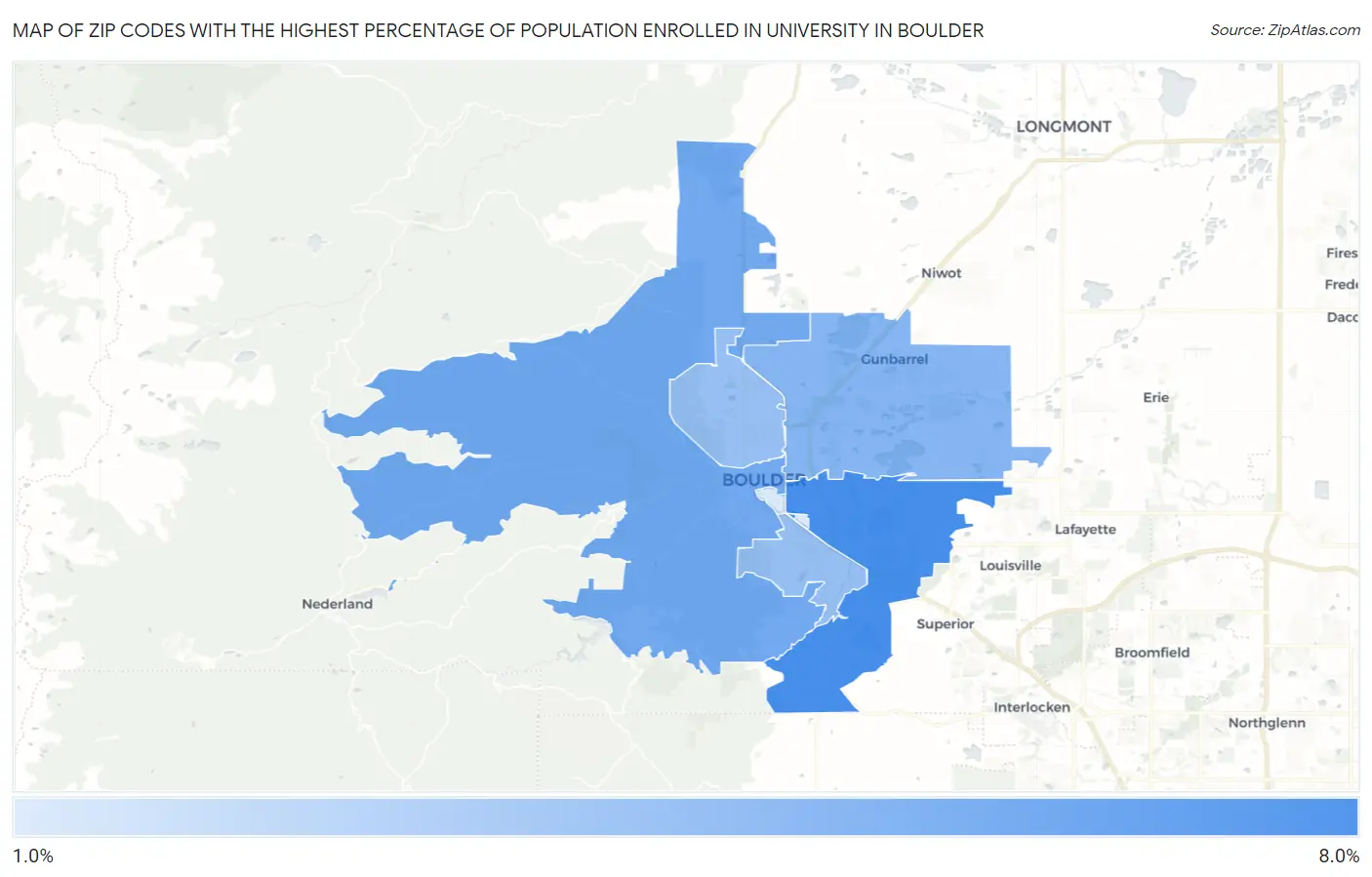 Zip Codes with the Highest Percentage of Population Enrolled in University in Boulder Map
