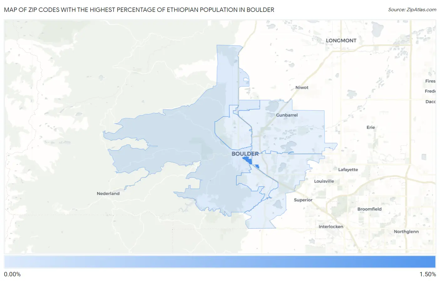 Zip Codes with the Highest Percentage of Ethiopian Population in Boulder Map