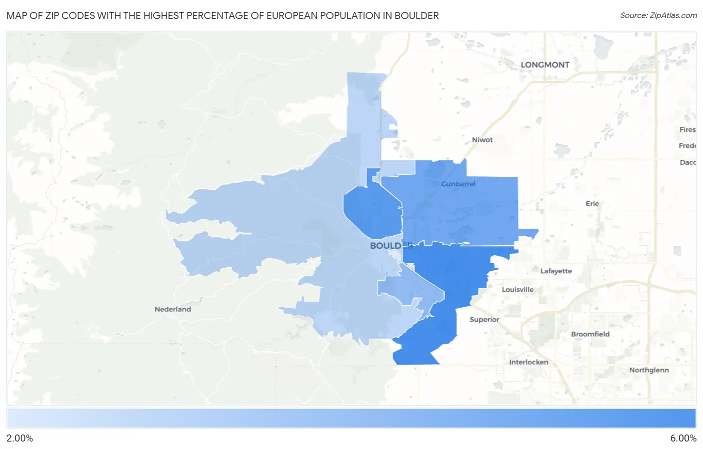 Zip Codes with the Highest Percentage of European Population in Boulder Map