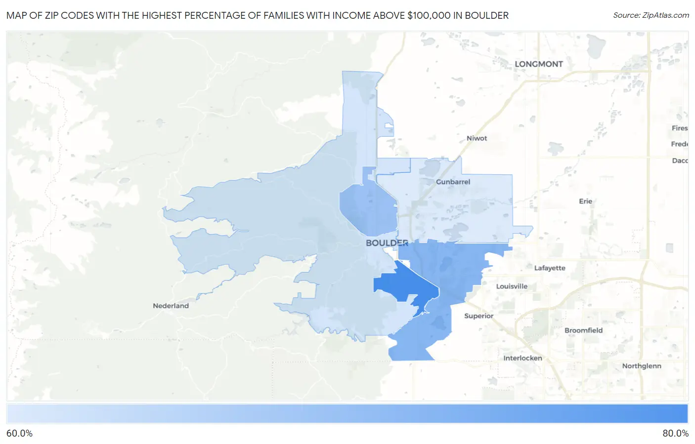 Zip Codes with the Highest Percentage of Families with Income Above $100,000 in Boulder Map