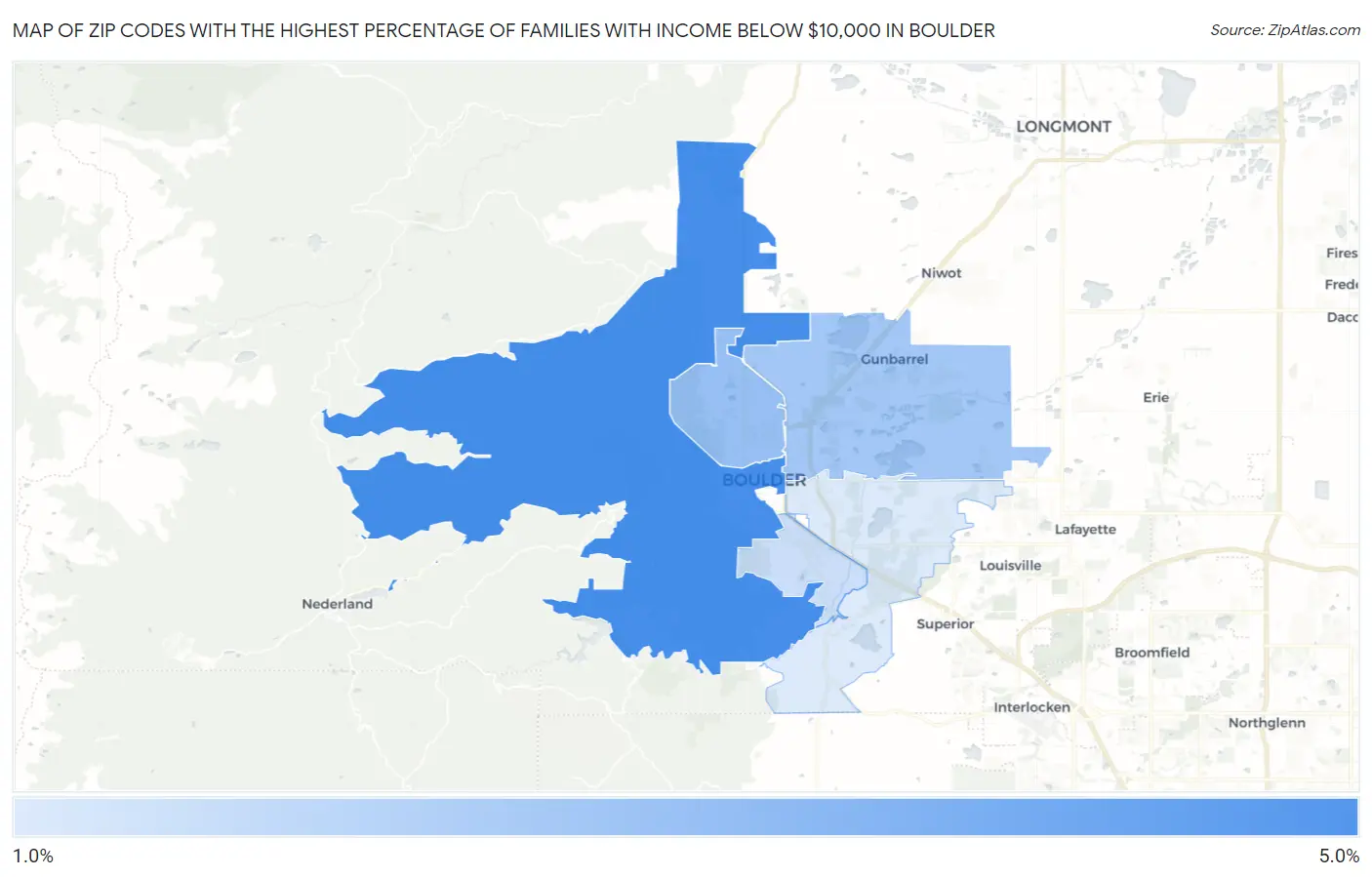 Zip Codes with the Highest Percentage of Families with Income Below $10,000 in Boulder Map