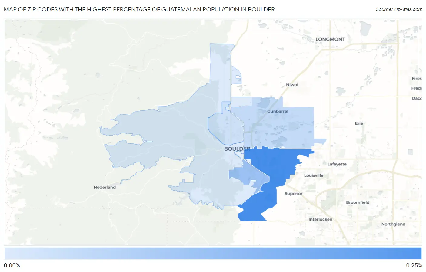 Zip Codes with the Highest Percentage of Guatemalan Population in Boulder Map