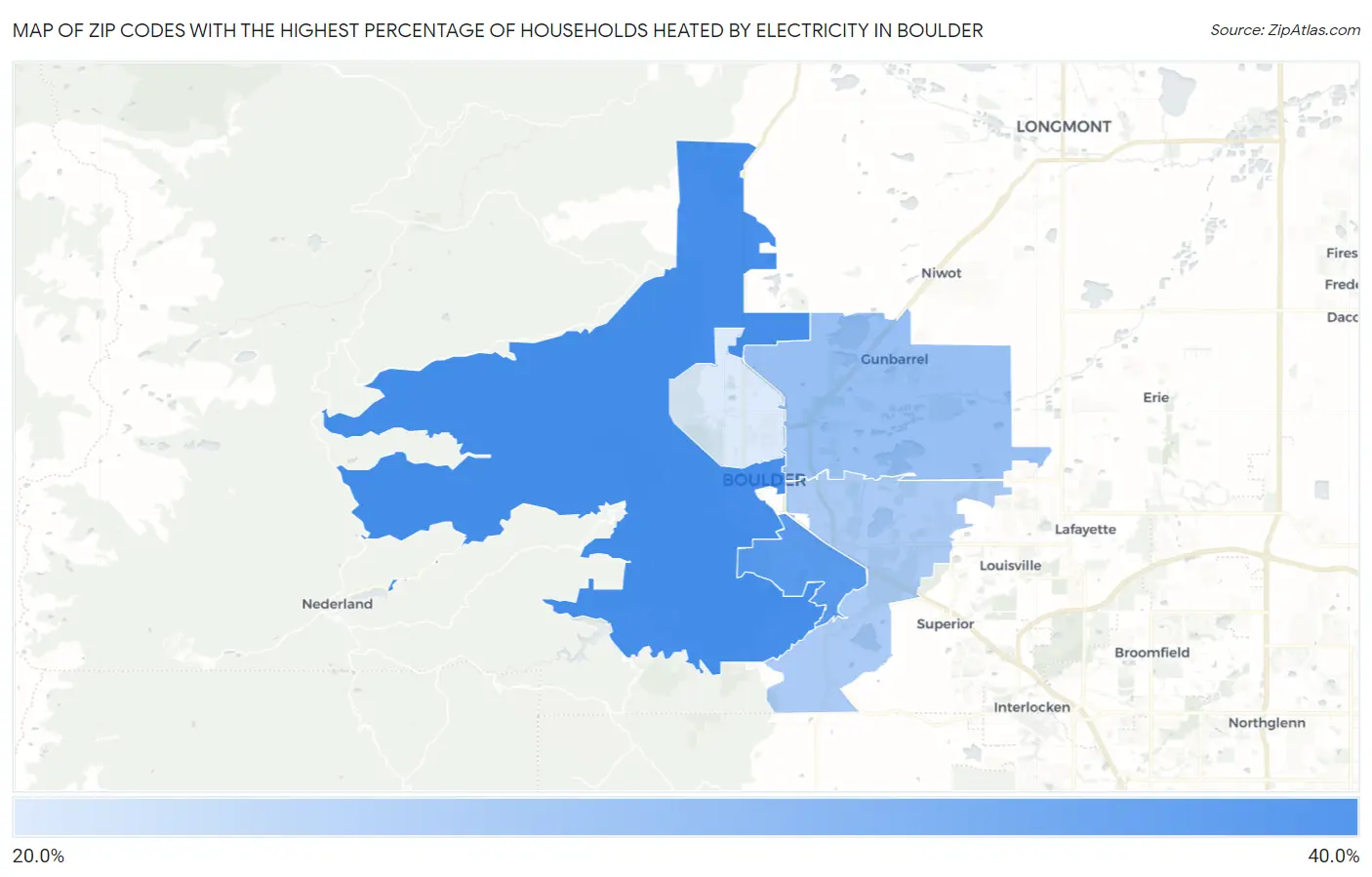 Zip Codes with the Highest Percentage of Households Heated by Electricity in Boulder Map