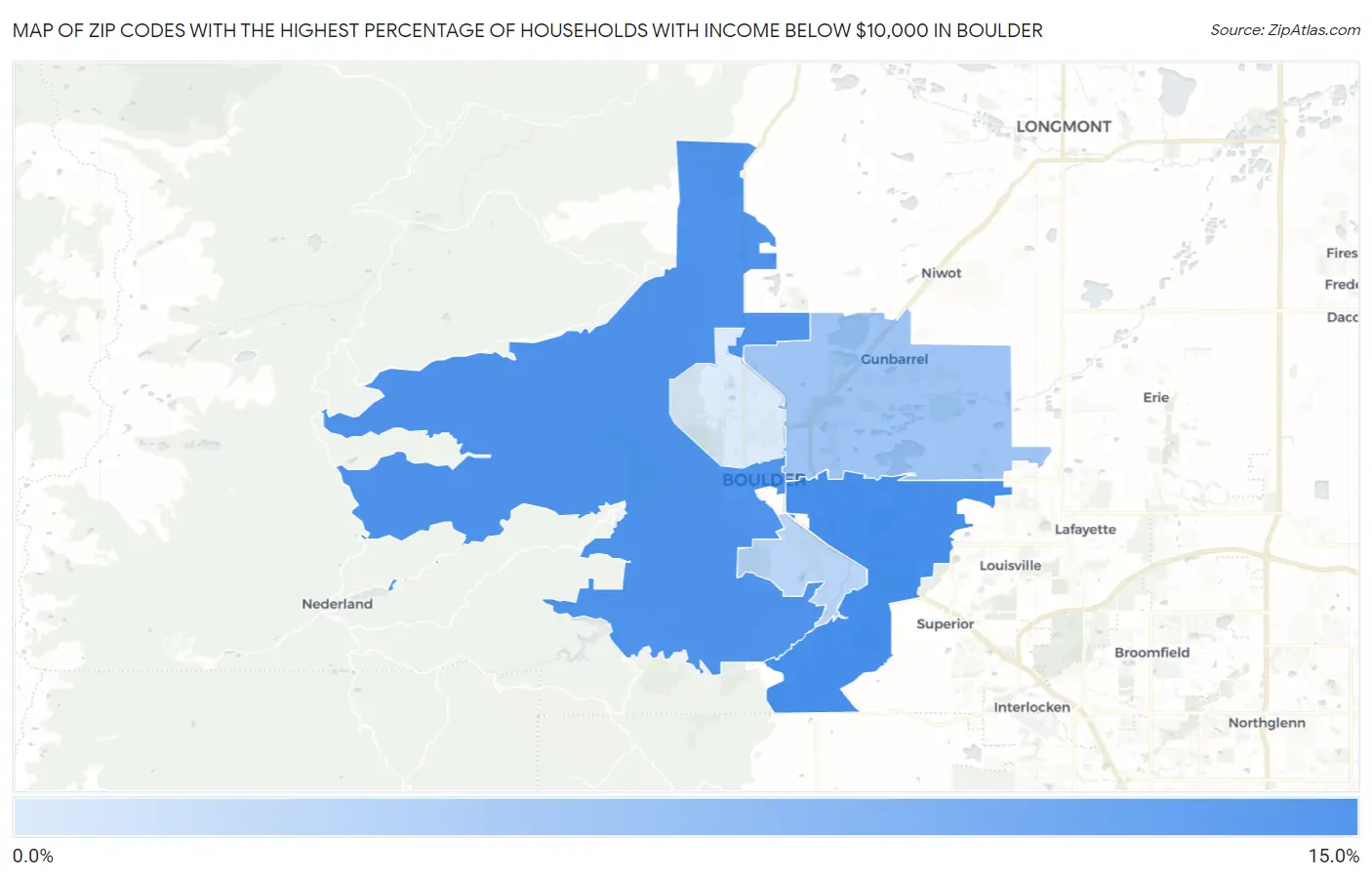 Zip Codes with the Highest Percentage of Households with Income Below $10,000 in Boulder Map