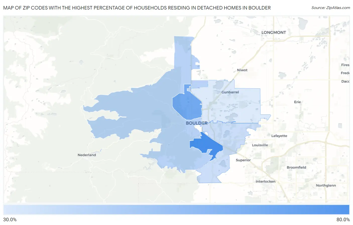 Zip Codes with the Highest Percentage of Households Residing in Detached Homes in Boulder Map