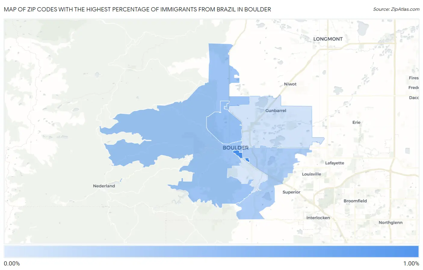Zip Codes with the Highest Percentage of Immigrants from Brazil in Boulder Map