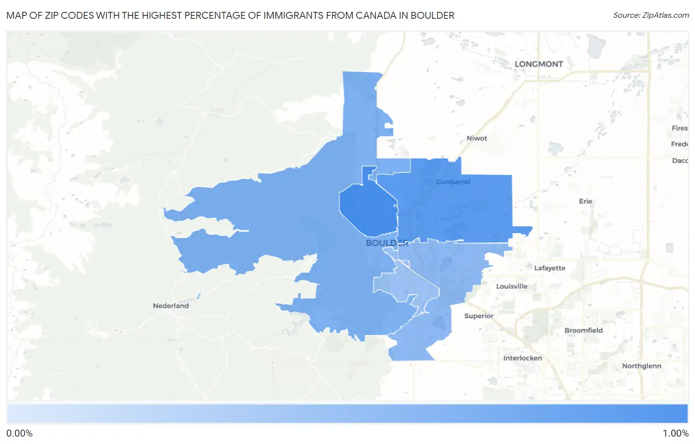 Zip Codes with the Highest Percentage of Immigrants from Canada in Boulder Map