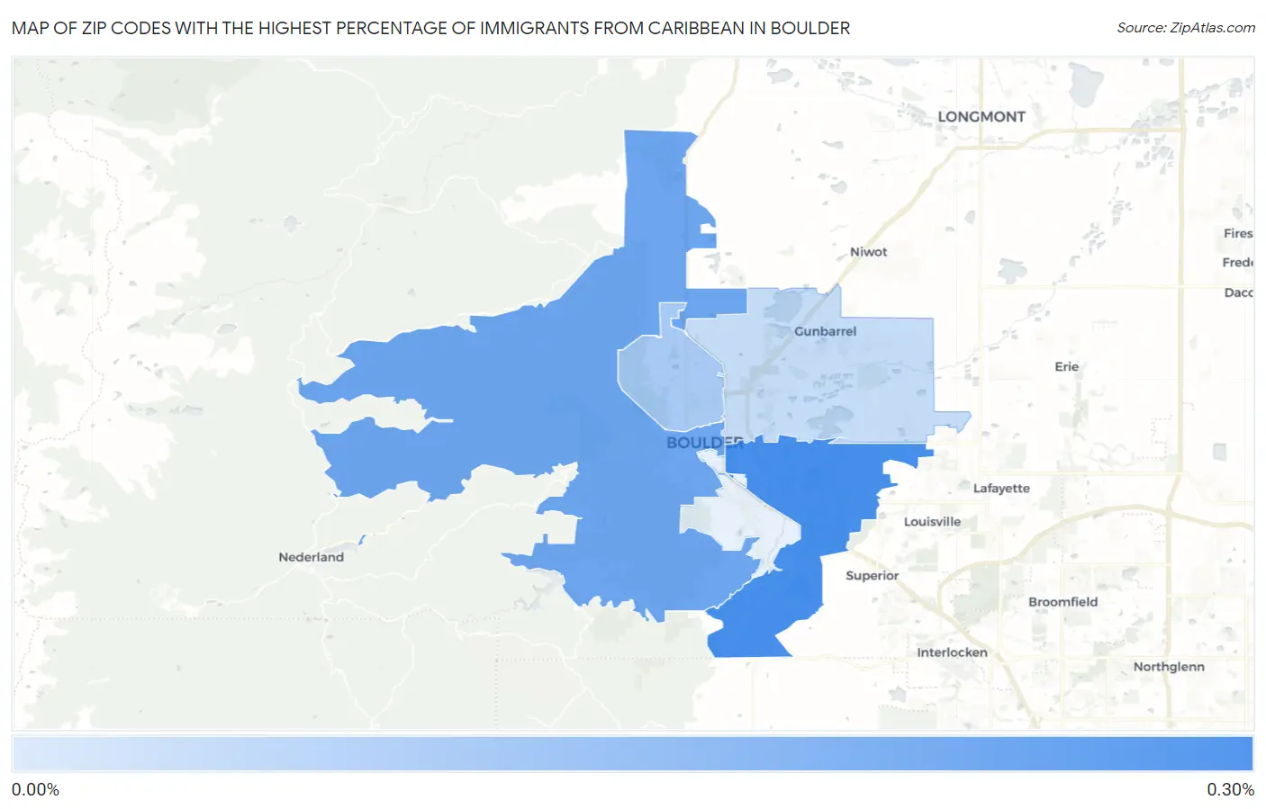 Zip Codes with the Highest Percentage of Immigrants from Caribbean in Boulder Map