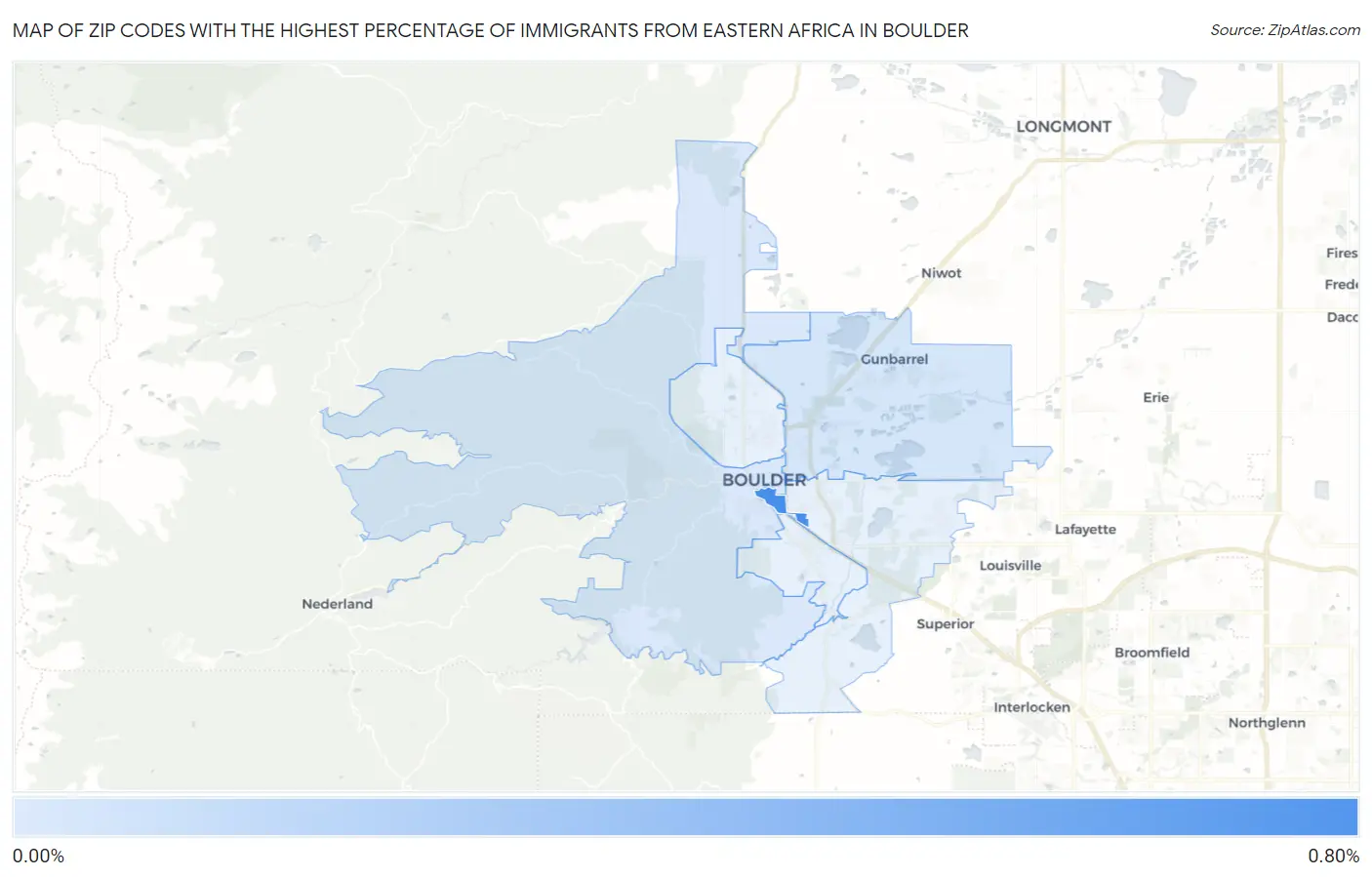 Zip Codes with the Highest Percentage of Immigrants from Eastern Africa in Boulder Map