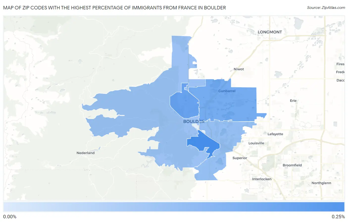 Zip Codes with the Highest Percentage of Immigrants from France in Boulder Map