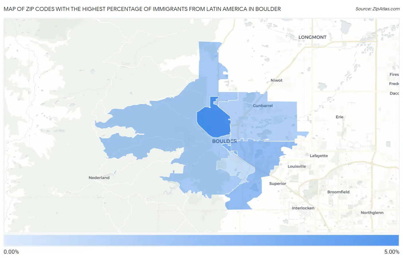 Zip Codes with the Highest Percentage of Immigrants from Latin America in Boulder Map