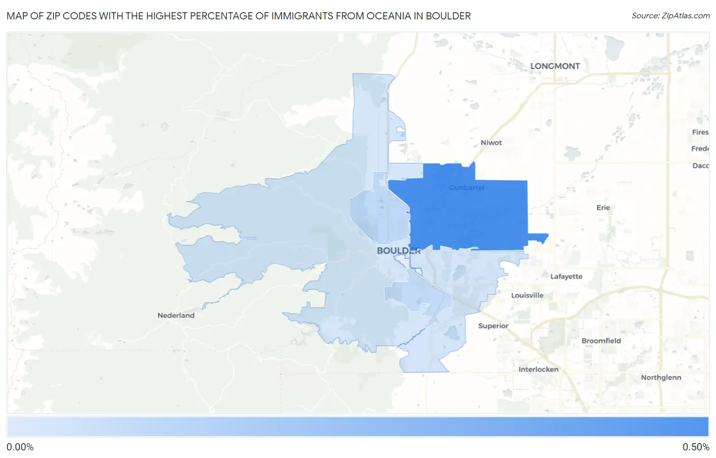 Zip Codes with the Highest Percentage of Immigrants from Oceania in Boulder Map