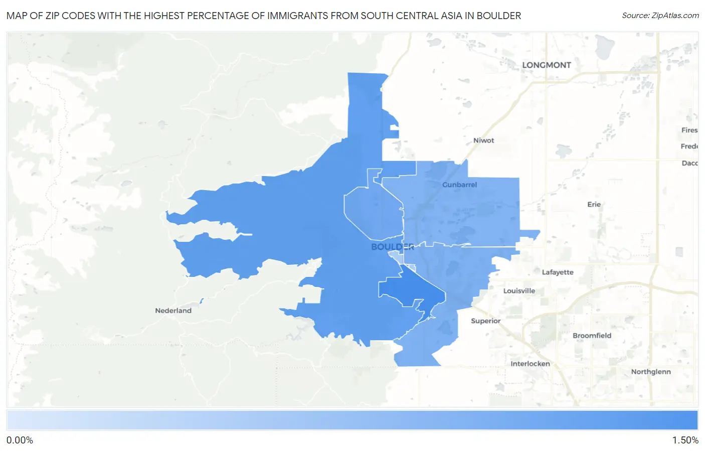 Zip Codes with the Highest Percentage of Immigrants from South Central Asia in Boulder Map