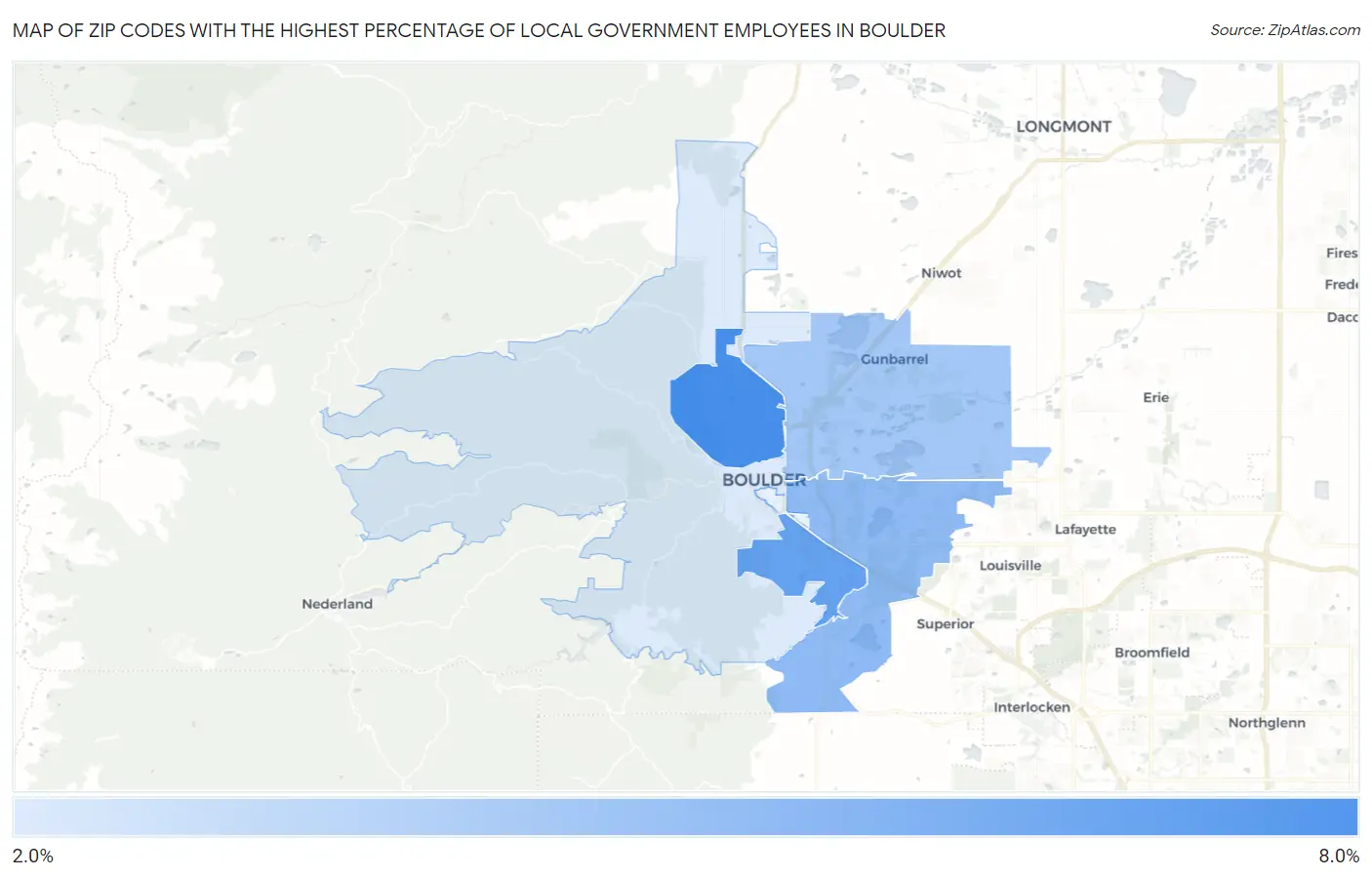 Zip Codes with the Highest Percentage of Local Government Employees in Boulder Map